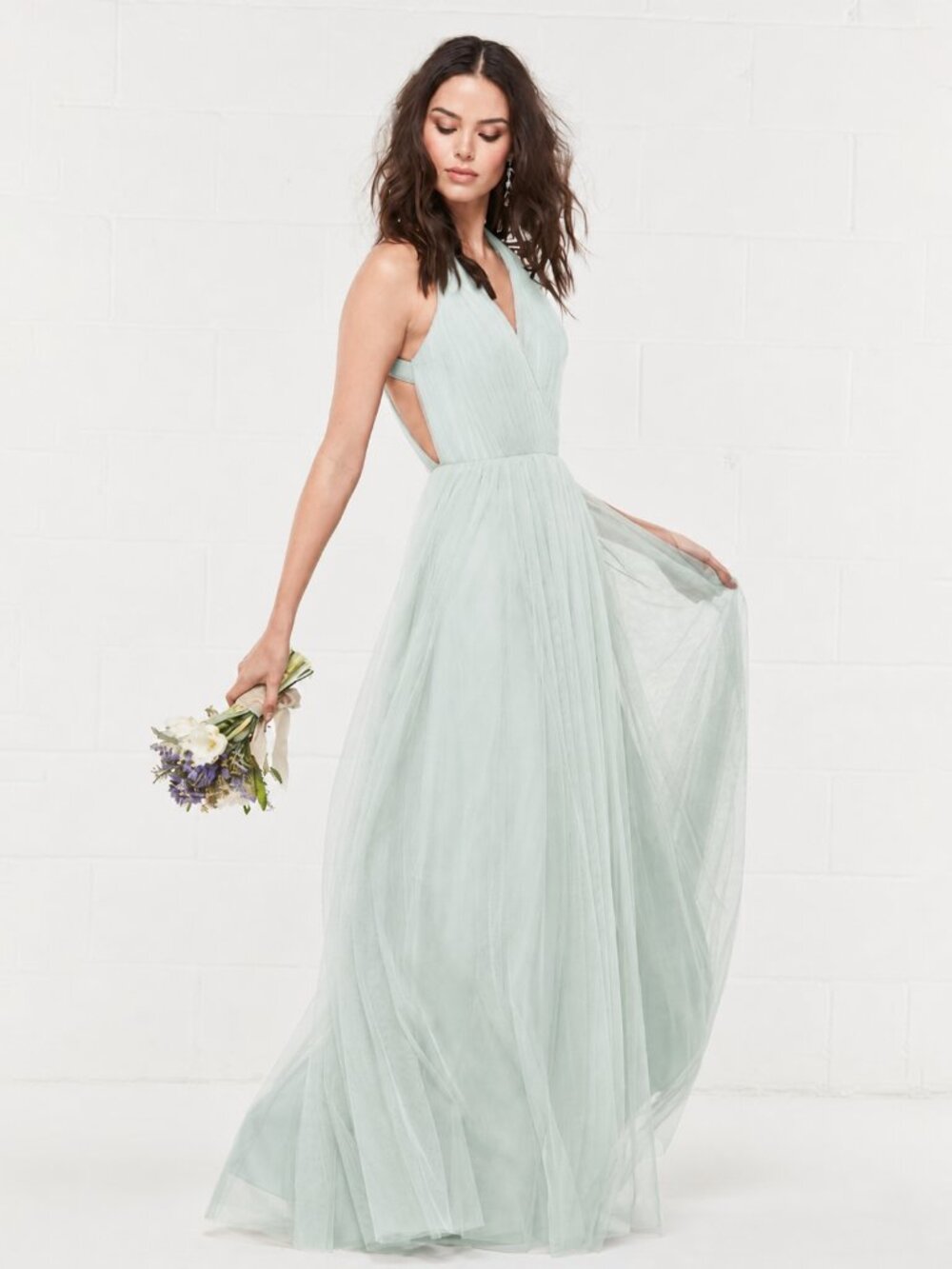 NWT WToo Bridesmaids by Watters Tulle Maxi Formal Dress Sage Size 2